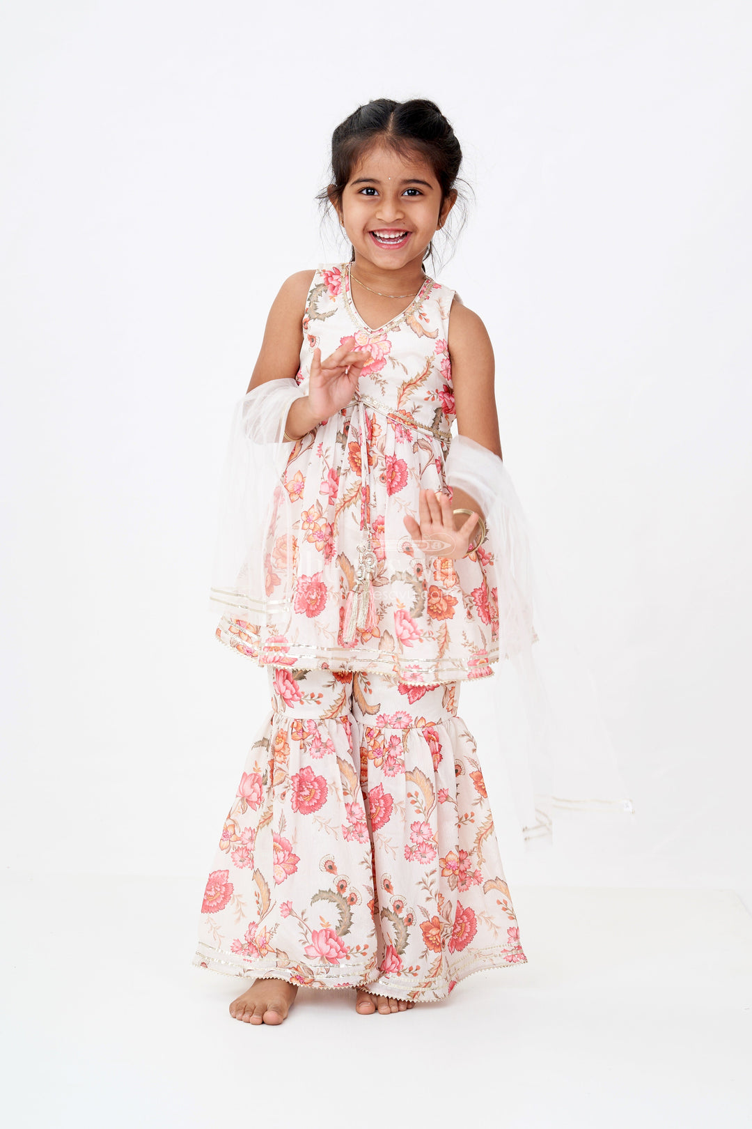 The Nesavu Girls Sharara / Plazo Set Graceful Ethnic Sharara Suits for Girls with Chinon Digital Print and Floral Embellishments Nesavu Nesavu Graceful Ethnic Sharara Suits Girls Chinon Digital Print Floral Embellishments