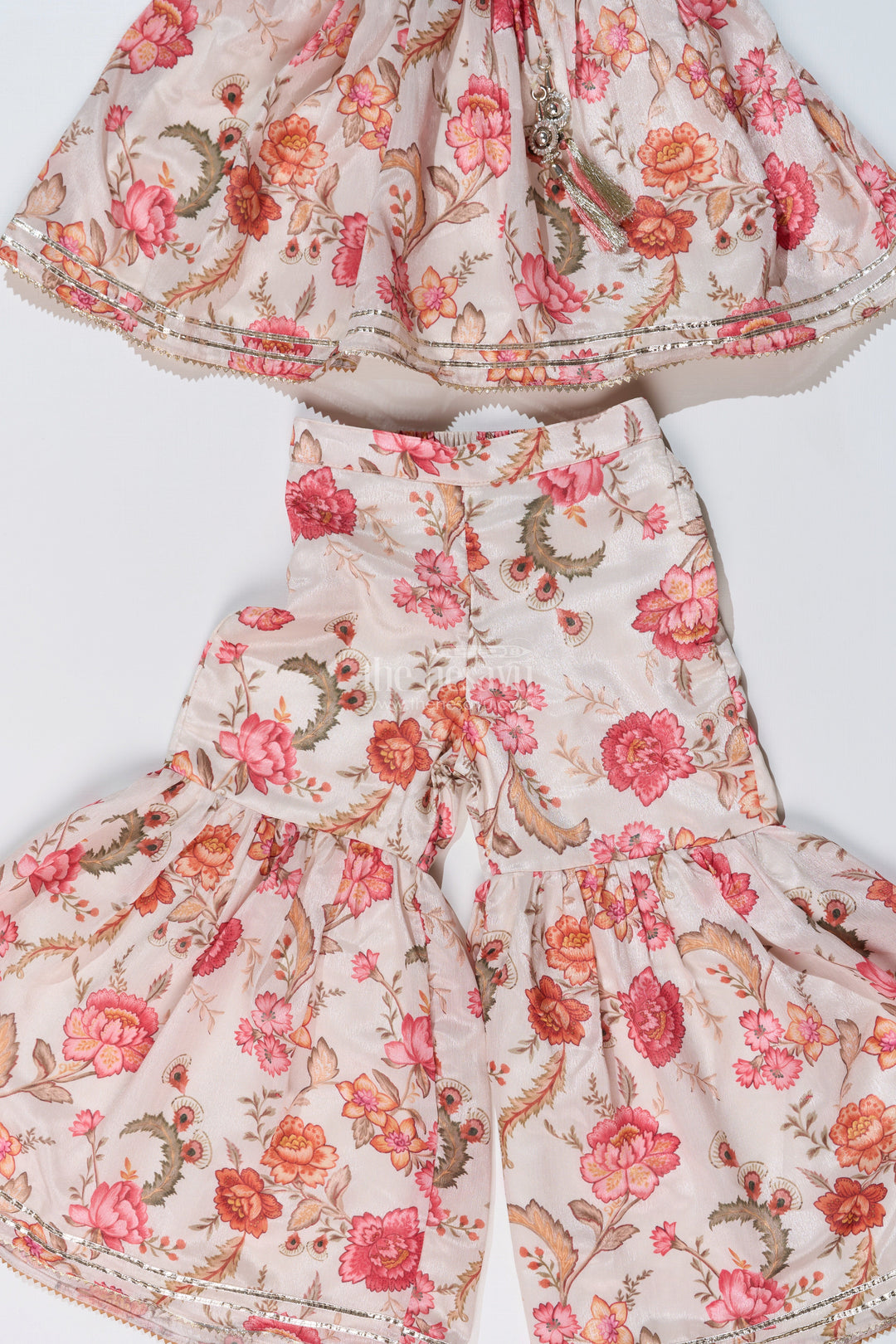 The Nesavu Girls Sharara / Plazo Set Graceful Ethnic Sharara Suits for Girls with Chinon Digital Print and Floral Embellishments Nesavu Nesavu Graceful Ethnic Sharara Suits Girls Chinon Digital Print Floral Embellishments
