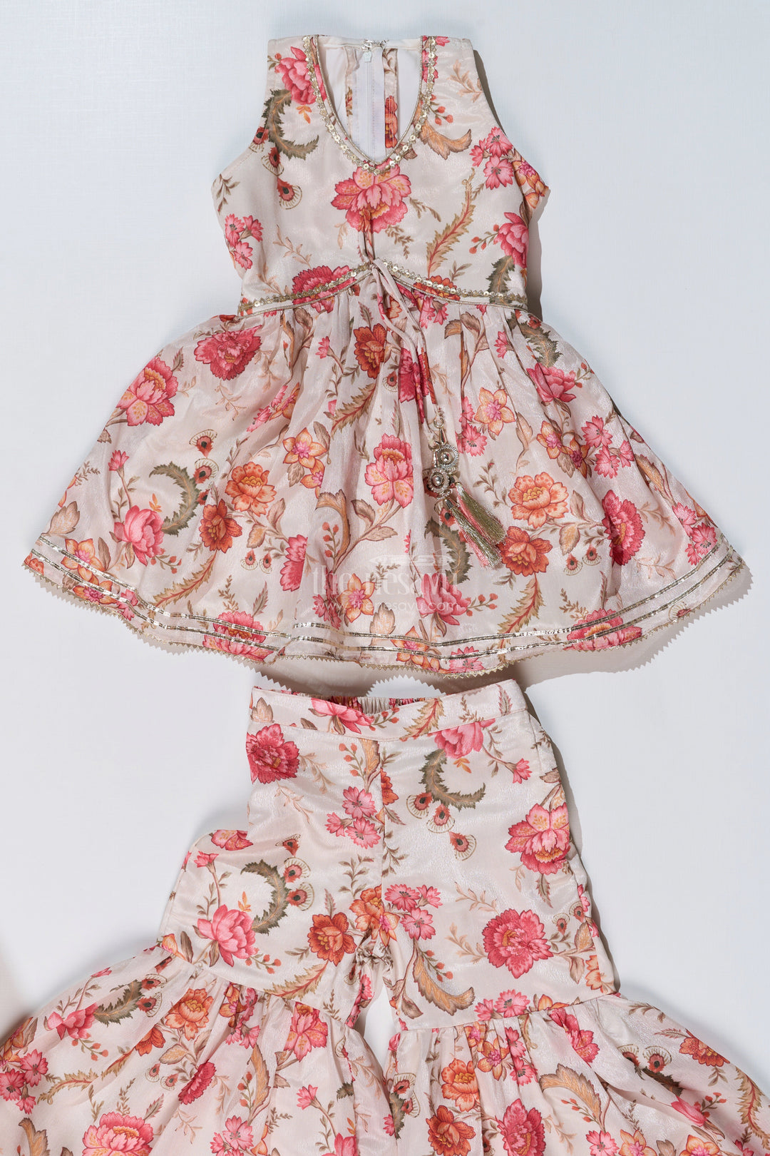 The Nesavu Girls Sharara / Plazo Set Graceful Ethnic Sharara Suits for Girls with Chinon Digital Print and Floral Embellishments Nesavu Nesavu Graceful Ethnic Sharara Suits Girls Chinon Digital Print Floral Embellishments