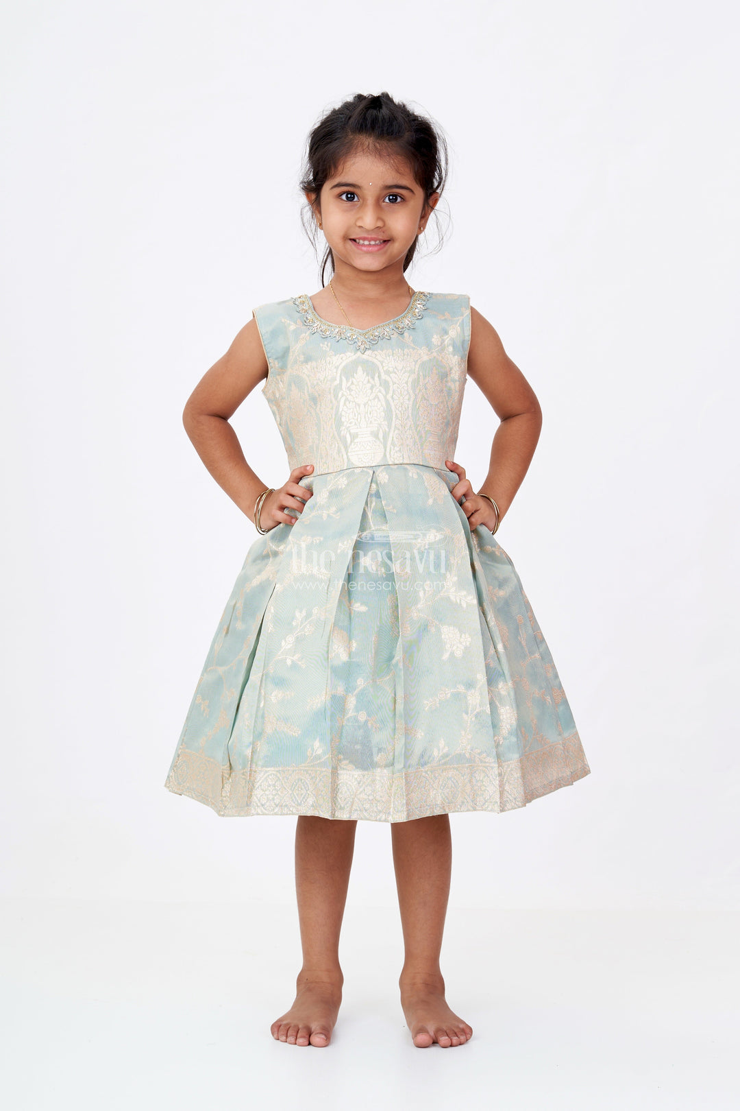 The Nesavu Silk Party Frock Graceful Girls Blue Silk Frock in Banarasi Jacquard with Gold Zari Patterns Nesavu 16 (1Y) / Blue SF976E-16 Nesavu Girls Blue Silk Frock Banarasi Jacquard Gold Zari Embellishments