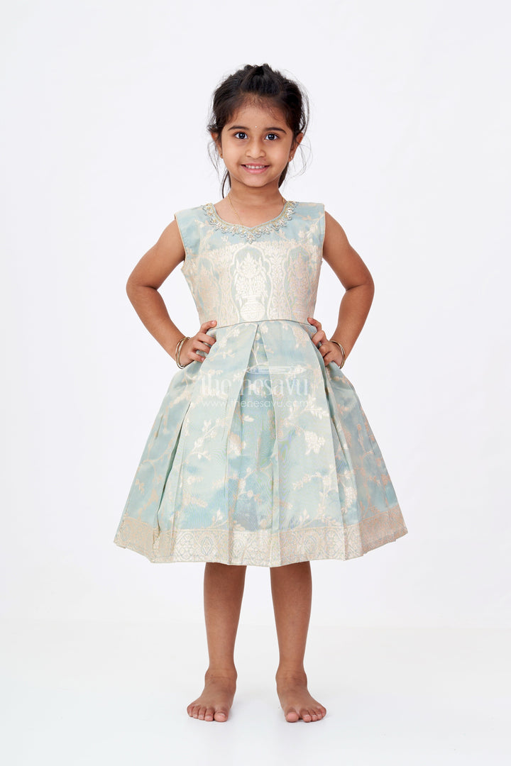 The Nesavu Silk Party Frock Graceful Girls Blue Silk Frock in Banarasi Jacquard with Gold Zari Patterns Nesavu 16 (1Y) / Blue SF976E-16 Nesavu Girls Blue Silk Frock Banarasi Jacquard Gold Zari Embellishments