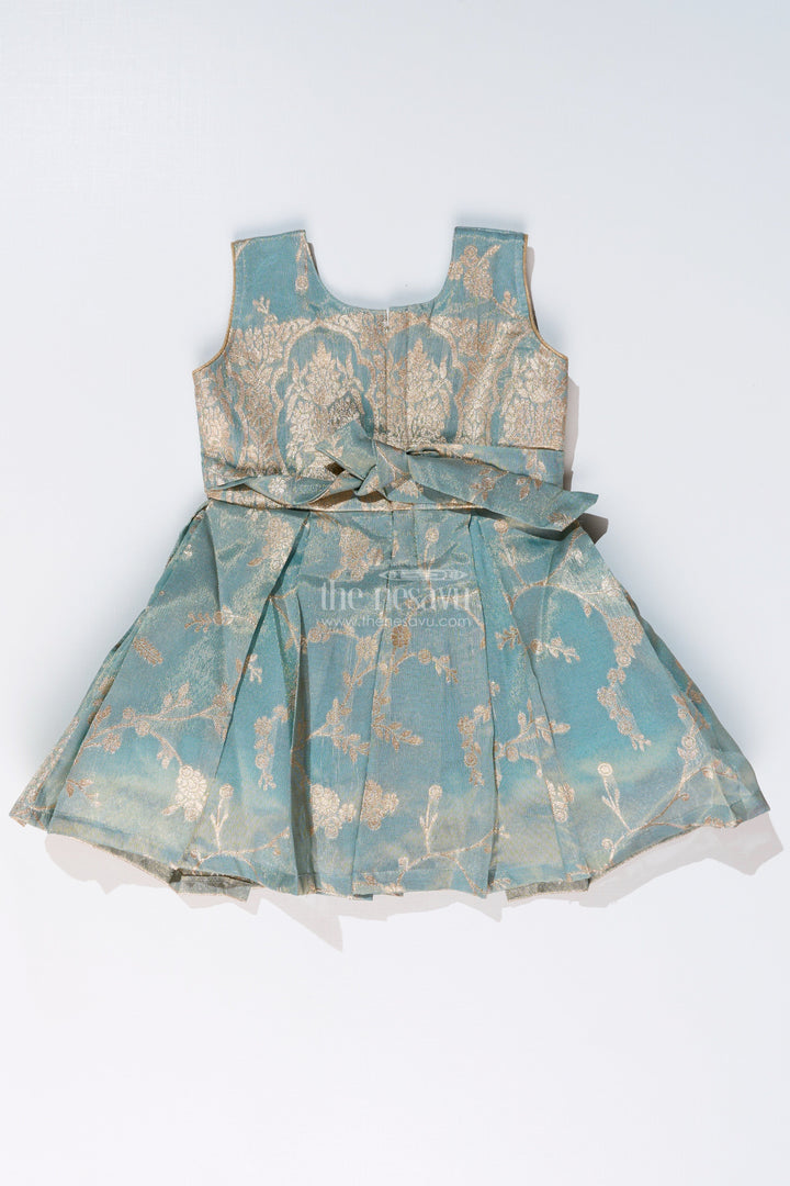 The Nesavu Silk Party Frock Graceful Girls Blue Silk Frock in Banarasi Jacquard with Gold Zari Patterns Nesavu Nesavu Girls Blue Silk Frock Banarasi Jacquard Gold Zari Embellishments