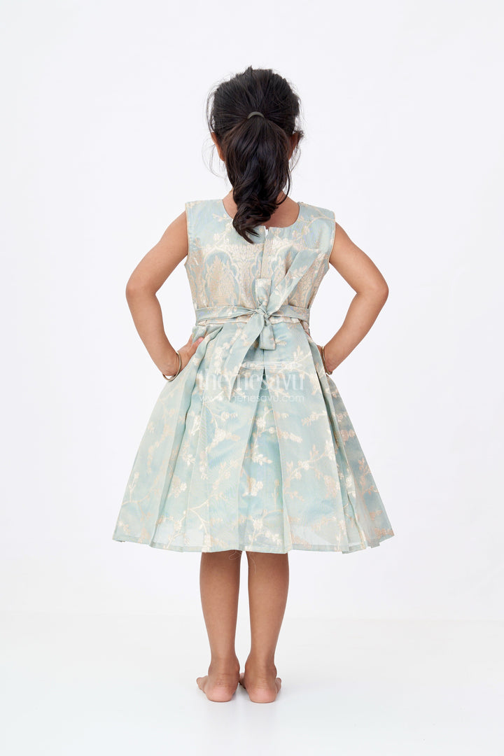 The Nesavu Silk Party Frock Graceful Girls Blue Silk Frock in Banarasi Jacquard with Gold Zari Patterns Nesavu Nesavu Girls Blue Silk Frock Banarasi Jacquard Gold Zari Embellishments