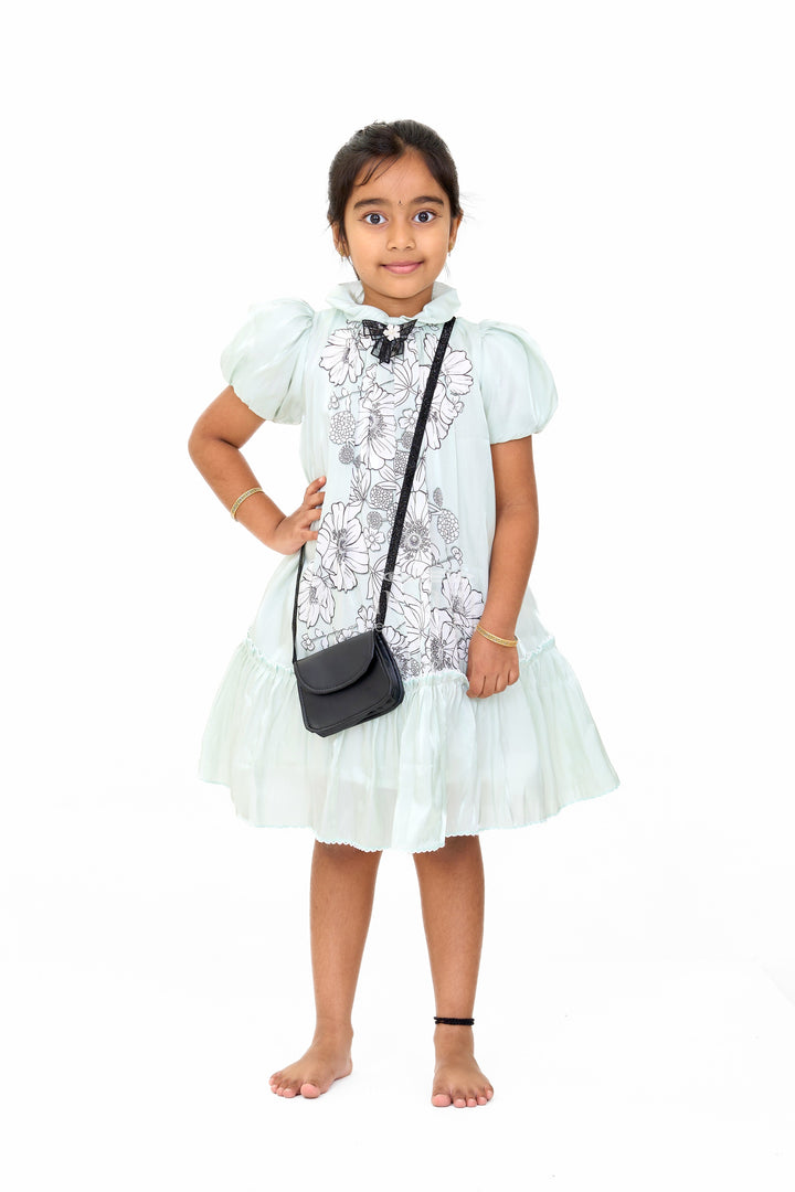 The Nesavu Girls Fancy Frock Graceful Girls Fancy Frock in Green Georgette with Floral Prints and Pleated Hem Nesavu 20 (3Y) / Green GFC1532B-20 Nesavu Green Georgette Princess Dress Floral Prints Elegant Pleats