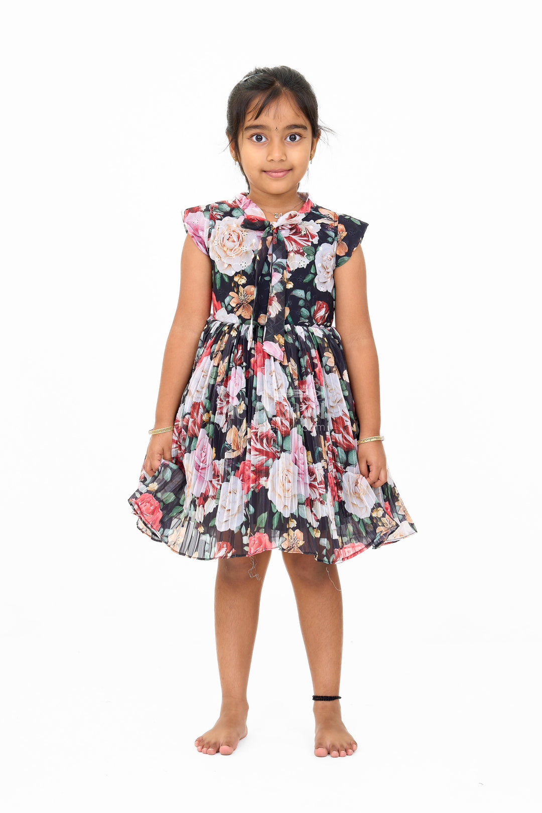 The Nesavu Girls Fancy Frock Graceful Girls Get Together Party Frock with Bold Floral Prints and Tie Neck Detail Nesavu 16 (1Y) / Black GFC1513A-16 Vibrant Floral Print Party Frock Girls Nesavu  Perfect Get Togethers