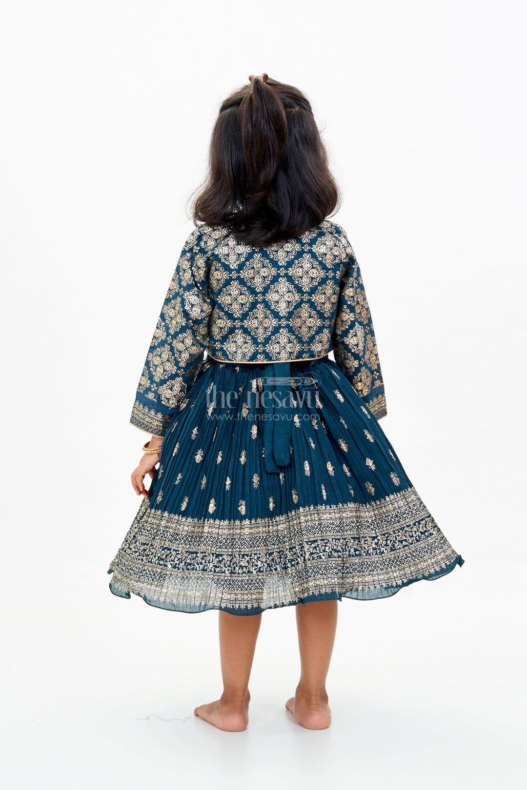 The Nesavu Silk Frock Graceful Girls Green Silk Dress with Gold Foil Prints and Traditional Embellished Yoke Nesavu Girls Green Silk Dress Gold Foil Prints Embroidered Yoke Special Occasions | The Nesavu