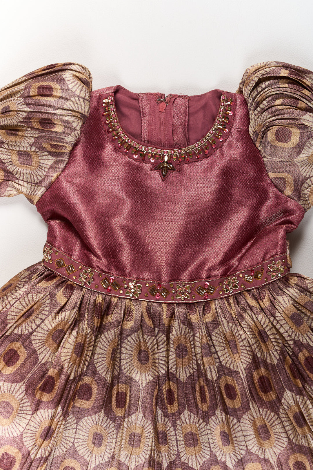 The Nesavu Silk Frock Graceful Girls Peach Organza Printed Fancy Frock with Puff Sleeves and Flared Hem Nesavu Nesavu Girls Peach Organza Printed Fancy Frock Puff Sleeves Flared Hem