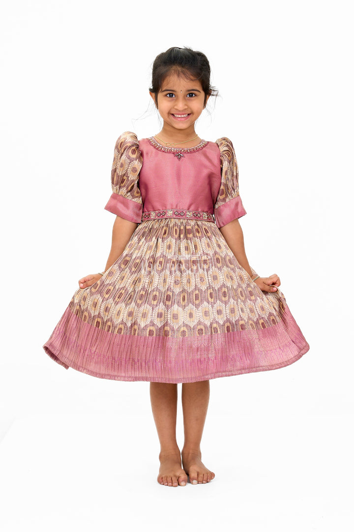 The Nesavu Silk Frock Graceful Girls Peach Organza Printed Fancy Frock with Puff Sleeves and Flared Hem Nesavu Nesavu Girls Peach Organza Printed Fancy Frock Puff Sleeves Flared Hem