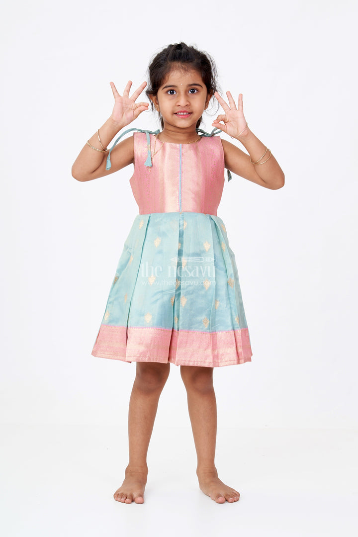 The Nesavu Silk Frock Graceful Girls Soft Silk Frock in Banarasi Jacquard with Dual-Tone Elegance Nesavu 16 (1Y) / Green SF981B-16 Nesavu Girls Soft Silk Frock Banarasi Jacquard Gold Zari Tie-Up Details