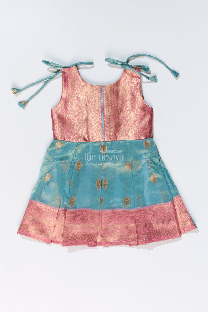 The Nesavu Silk Frock Graceful Girls Soft Silk Frock in Banarasi Jacquard with Dual-Tone Elegance Nesavu Nesavu Girls Soft Silk Frock Banarasi Jacquard Gold Zari Tie-Up Details