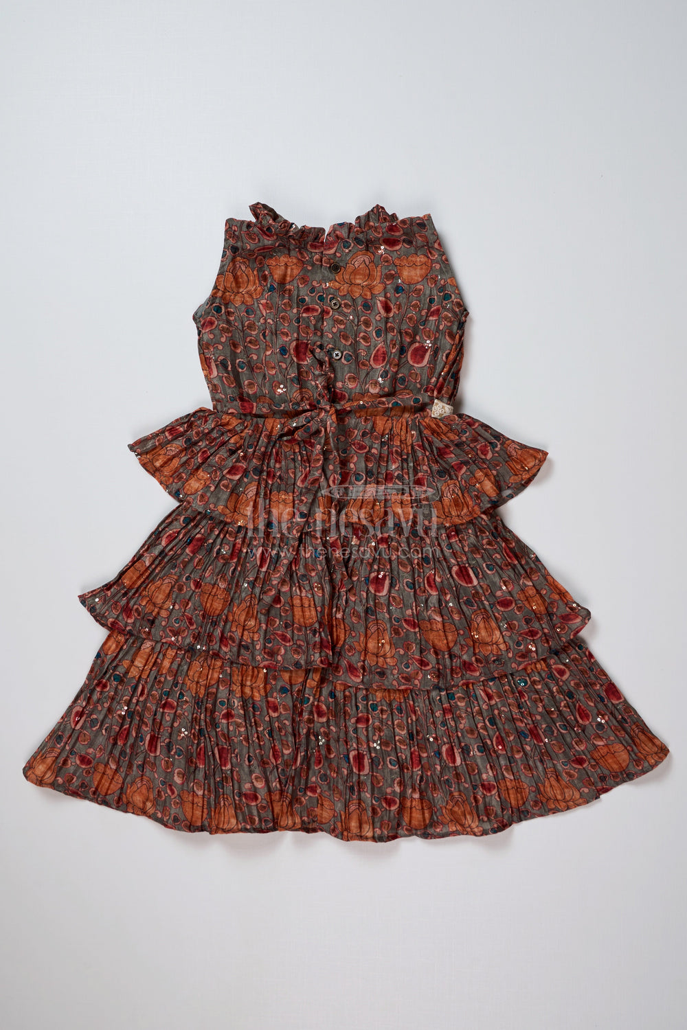 The Nesavu Girls Fancy Frock Graceful Green Frock for Girls with Chinon Pleated Silk and Tiered Ruffles Nesavu Nesavu Graceful Green Frock Girls Chinon Pleated Silk Tiered Ruffles