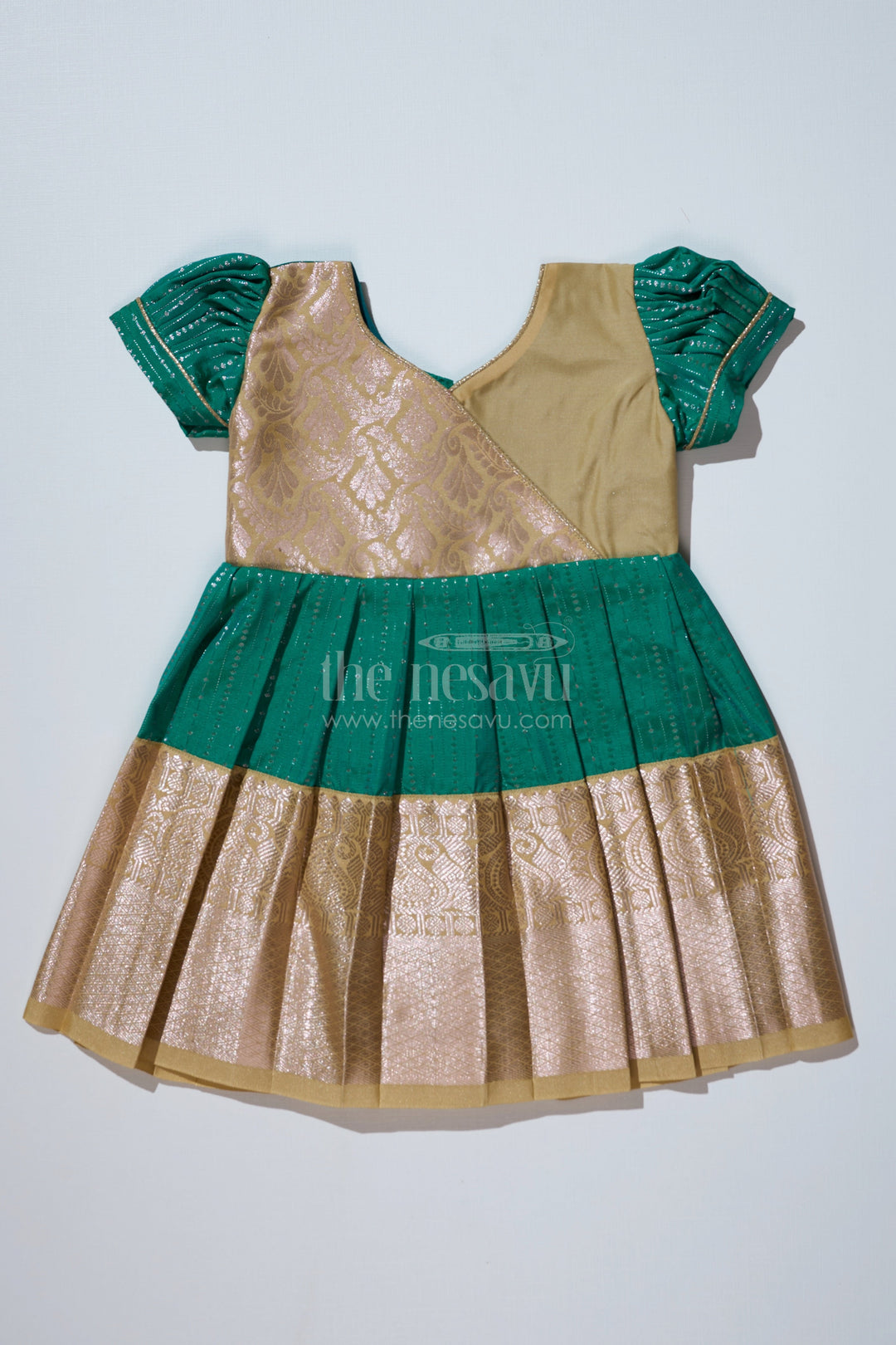 The Nesavu Girls Kanchi Silk Frock Graceful Green Silk Dress for Girls with Kanchipuram Inspired Fabric and Gold Zari Pleated Border Nesavu 14 (6M) / Green / Style 1 SF823CA-14 Nesavu Green Silk Dress Girls Kanchipuram Inspired Fabric Gold Zari Pleated Border