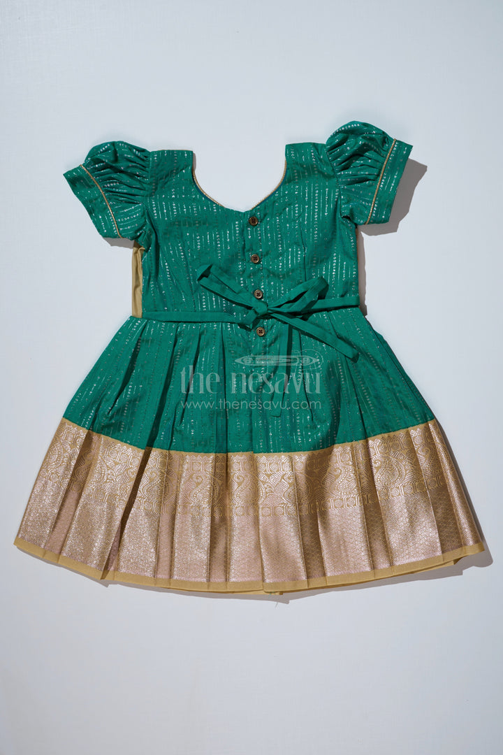 The Nesavu Girls Kanchi Silk Frock Graceful Green Silk Dress for Girls with Kanchipuram Inspired Fabric and Gold Zari Pleated Border Nesavu Nesavu Green Silk Dress Girls Kanchipuram Inspired Fabric Gold Zari Pleated Border