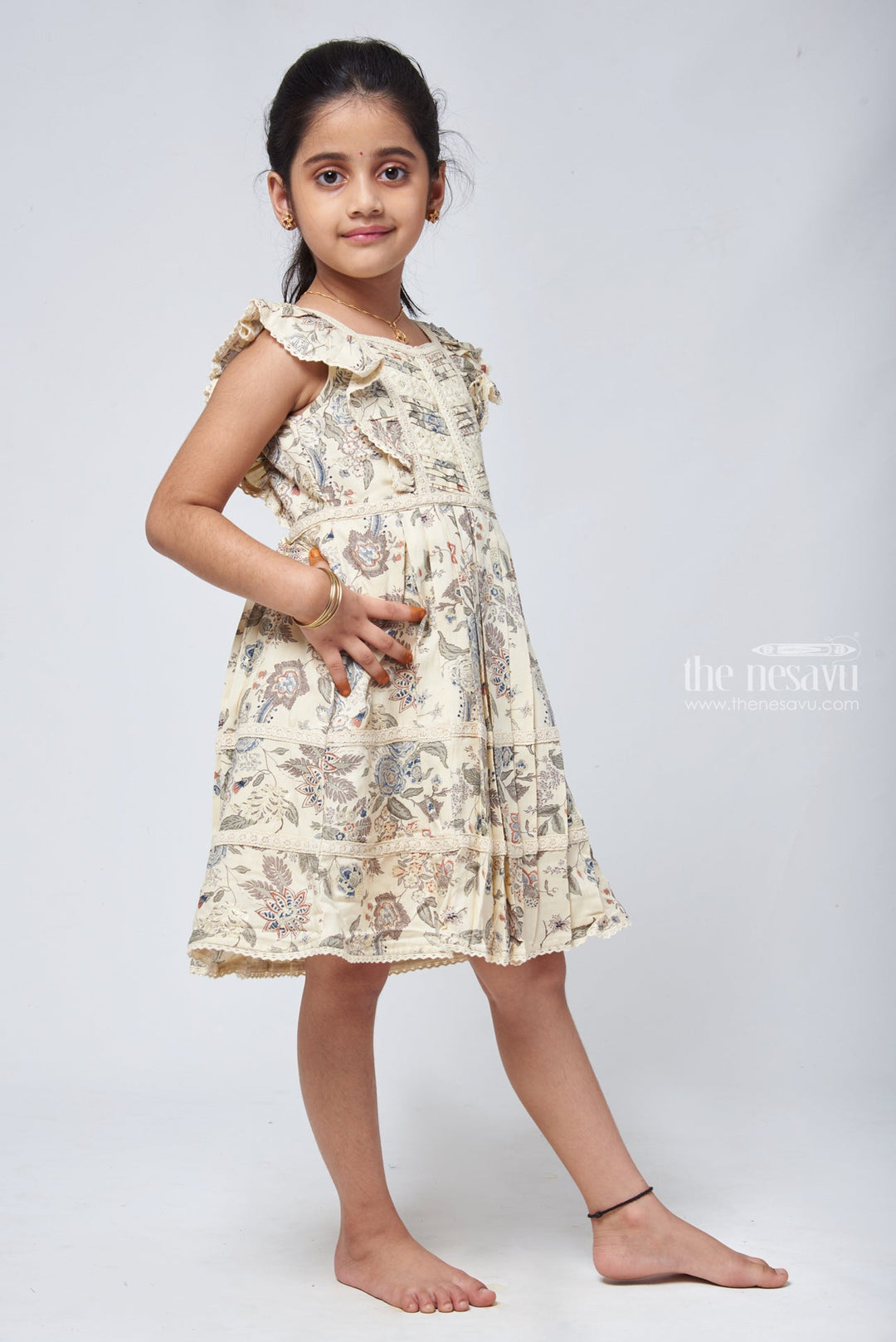 The Nesavu Girls Cotton Frock Graceful Half White Box Neck Floral Frock - Chic Girls Attire Nesavu Cotton Frock Suit With Low Price | Cotton Frock Simple | The Nesavu