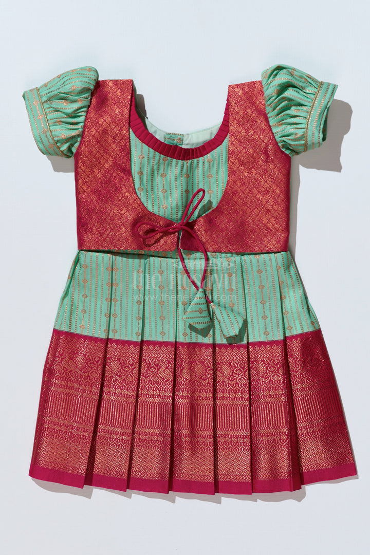 The Nesavu Girls Kanchi Silk Frock Graceful Light Green Silk Dress for Girls with Kanchipuram Inspired Design and Zari Pleated Border Nesavu 16 (1Y) / Green / Style 1 SF822BA-16 Nesavu Light Green Silk Dress Girls Kanchipuram Inspired Design Zari Pleated Border