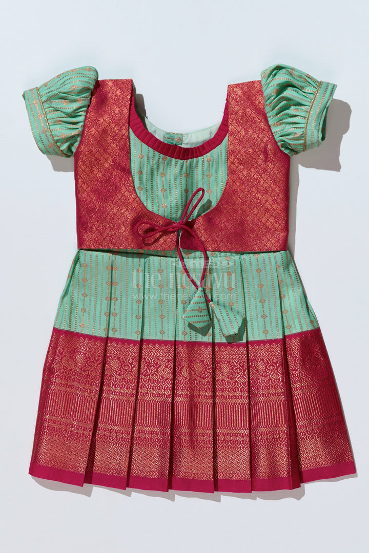 The Nesavu Girls Kanchi Silk Frock Graceful Light Green Silk Dress for Girls with Kanchipuram Inspired Design and Zari Pleated Border Nesavu 16 (1Y) / Green / Style 1 SF822BA-16 Nesavu Light Green Silk Dress Girls Kanchipuram Inspired Design Zari Pleated Border