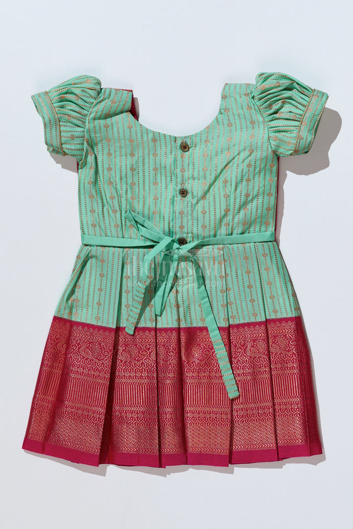 The Nesavu Girls Kanchi Silk Frock Graceful Light Green Silk Dress for Girls with Kanchipuram Inspired Design and Zari Pleated Border Nesavu Nesavu Light Green Silk Dress Girls Kanchipuram Inspired Design Zari Pleated Border