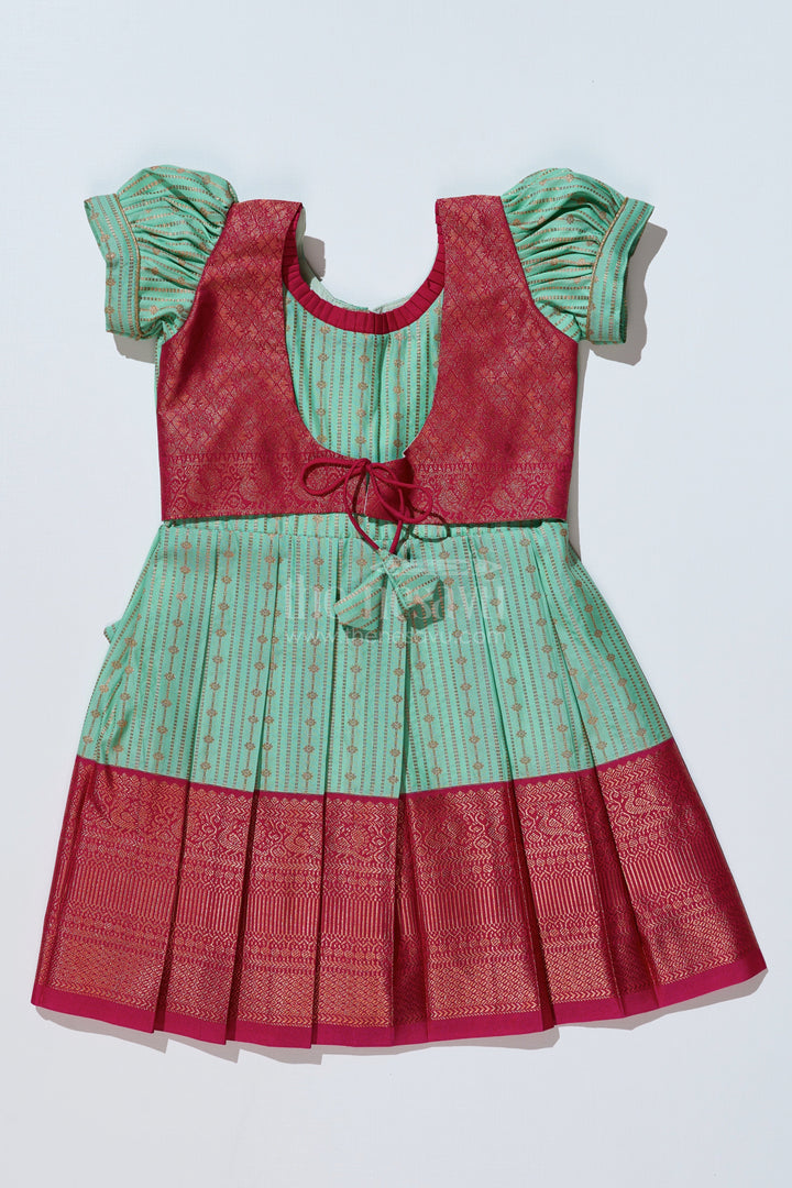The Nesavu Girls Kanchi Silk Frock Graceful Light Green Silk Dress for Girls with Kanchipuram Inspired Design and Zari Pleated Border Nesavu Nesavu Light Green Silk Dress Girls Kanchipuram Inspired Design Zari Pleated Border