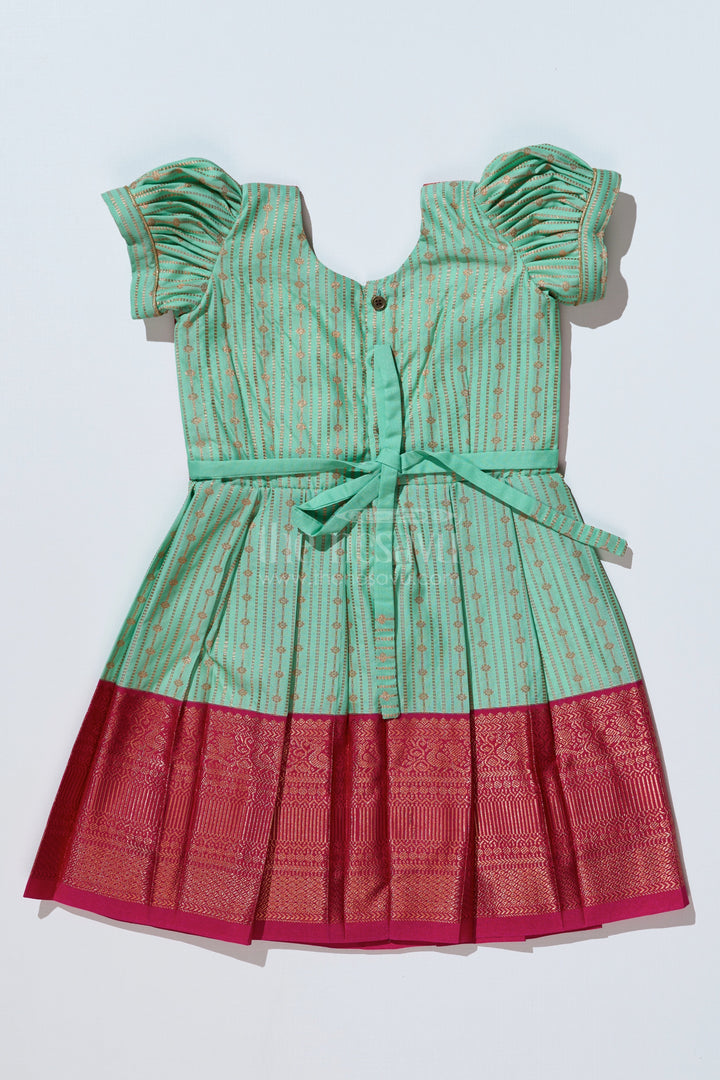 The Nesavu Girls Kanchi Silk Frock Graceful Light Green Silk Dress for Girls with Kanchipuram Inspired Design and Zari Pleated Border Nesavu Nesavu Light Green Silk Dress Girls Kanchipuram Inspired Design Zari Pleated Border