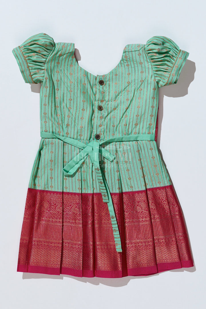The Nesavu Girls Kanchi Silk Frock Graceful Light Green Silk Dress for Girls with Kanchipuram Inspired Design and Zari Pleated Border Nesavu Nesavu Light Green Silk Dress Girls Kanchipuram Inspired Design Zari Pleated Border