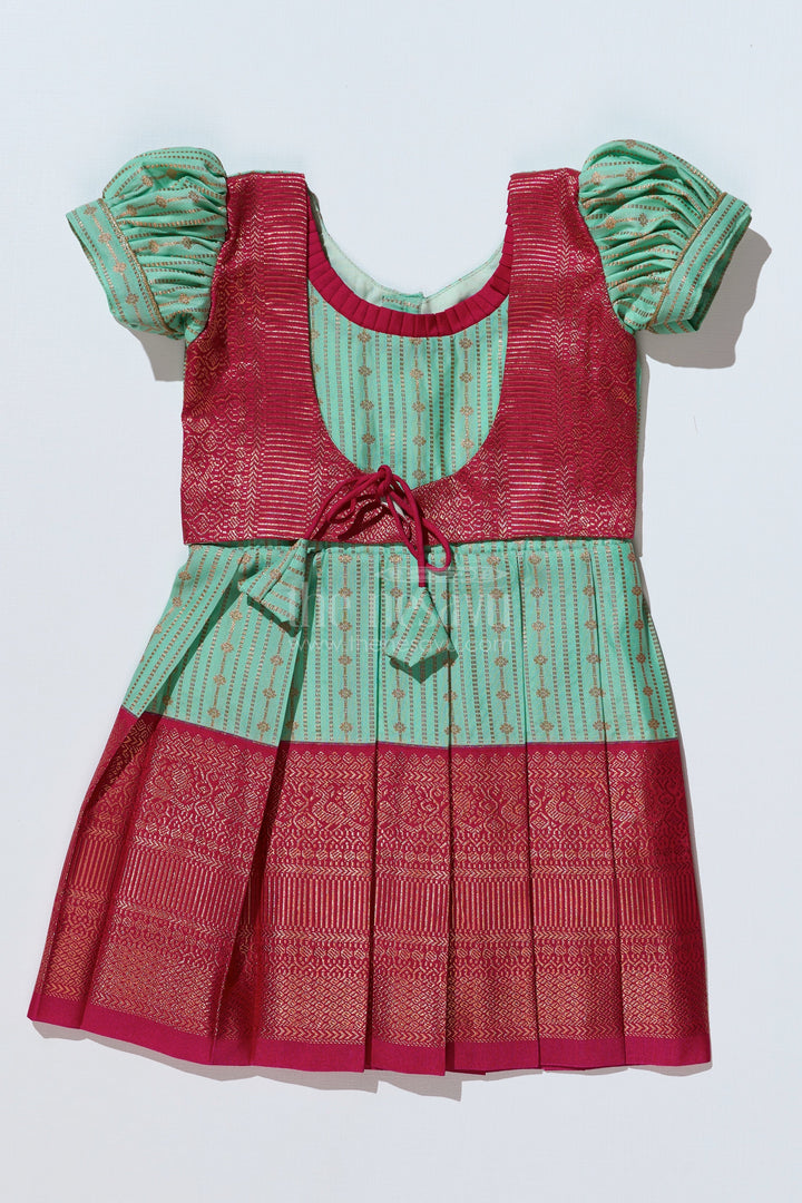 The Nesavu Girls Kanchi Silk Frock Graceful Light Green Silk Dress for Girls with Kanchipuram Inspired Design and Zari Pleated Border Nesavu Nesavu Light Green Silk Dress Girls Kanchipuram Inspired Design Zari Pleated Border