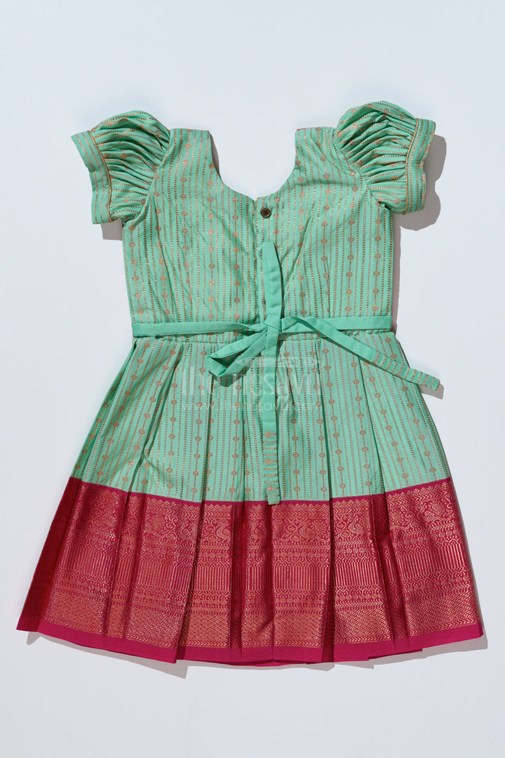 The Nesavu Girls Kanchi Silk Frock Graceful Light Green Silk Dress for Girls with Kanchipuram Inspired Design and Zari Pleated Border Nesavu Nesavu Light Green Silk Dress Girls Kanchipuram Inspired Design Zari Pleated Border