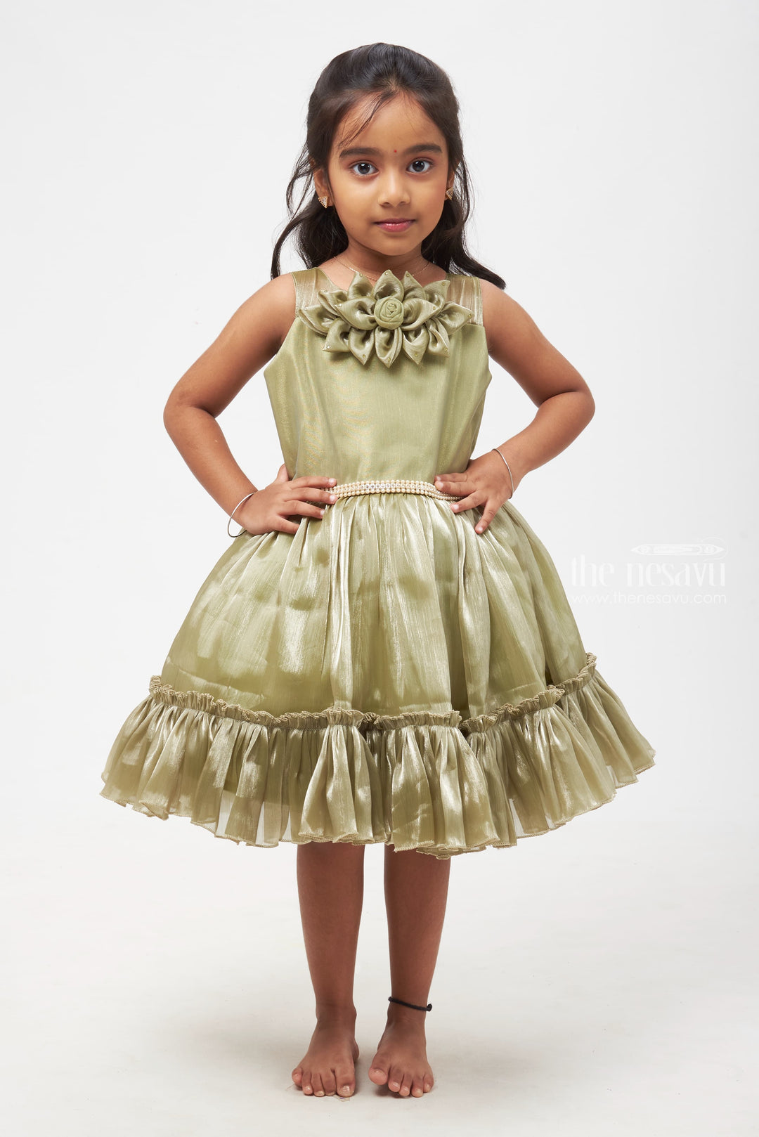 The Nesavu Girls Fancy Party Frock Graceful Olive Green Dress with Floral Embellishment for Girls Nesavu 16 (1Y) / Green / Organza PF153B-16 Green Dress with Floral Accent & Tiered Skirt - Elegant Wear for Young Girls | Girls Party wear Frock for Girls | The Nesavu