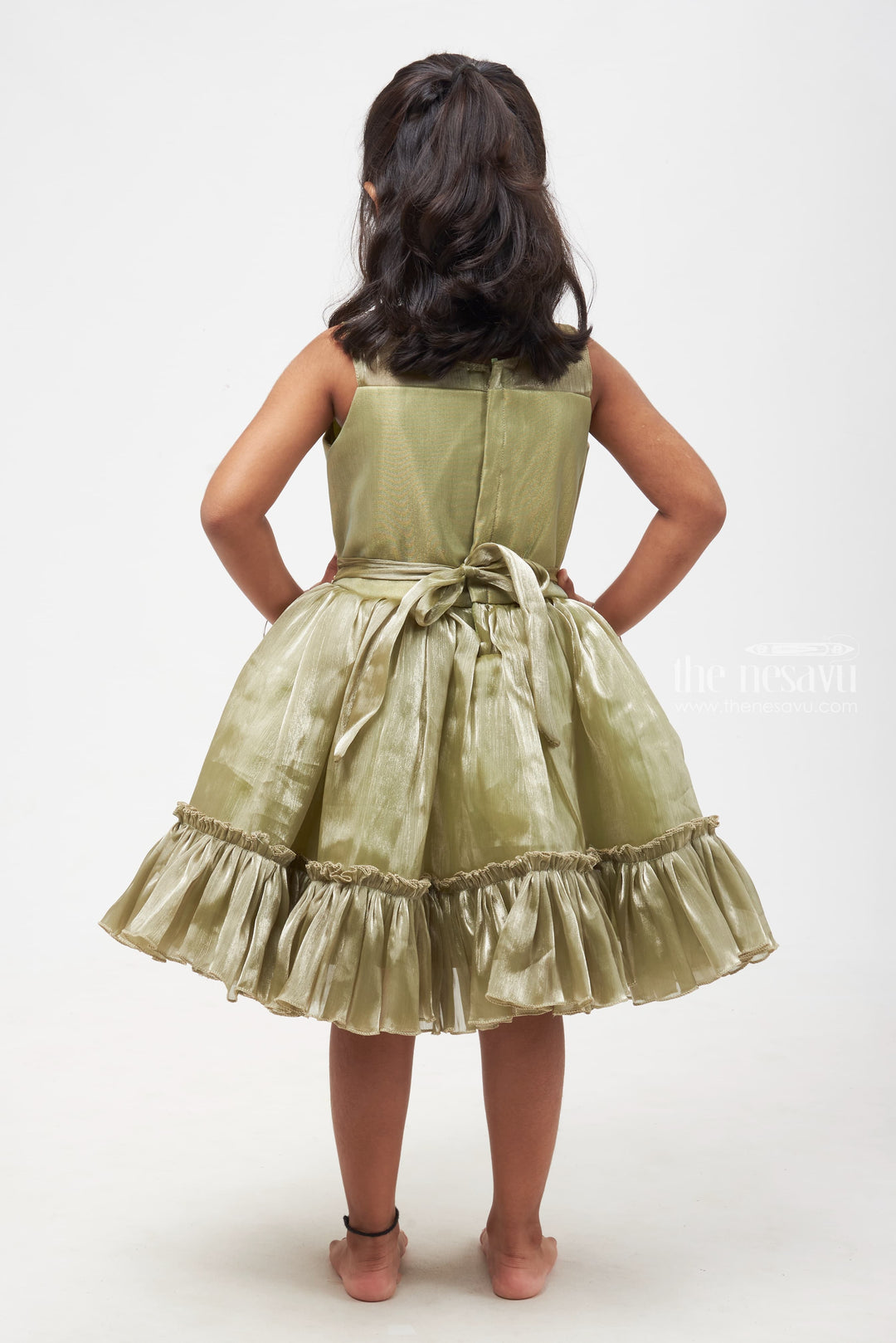 The Nesavu Girls Fancy Party Frock Graceful Olive Green Dress with Floral Embellishment for Girls Nesavu Green Dress with Floral Accent & Tiered Skirt - Elegant Wear for Young Girls | Girls Party wear Frock for Girls | The Nesavu