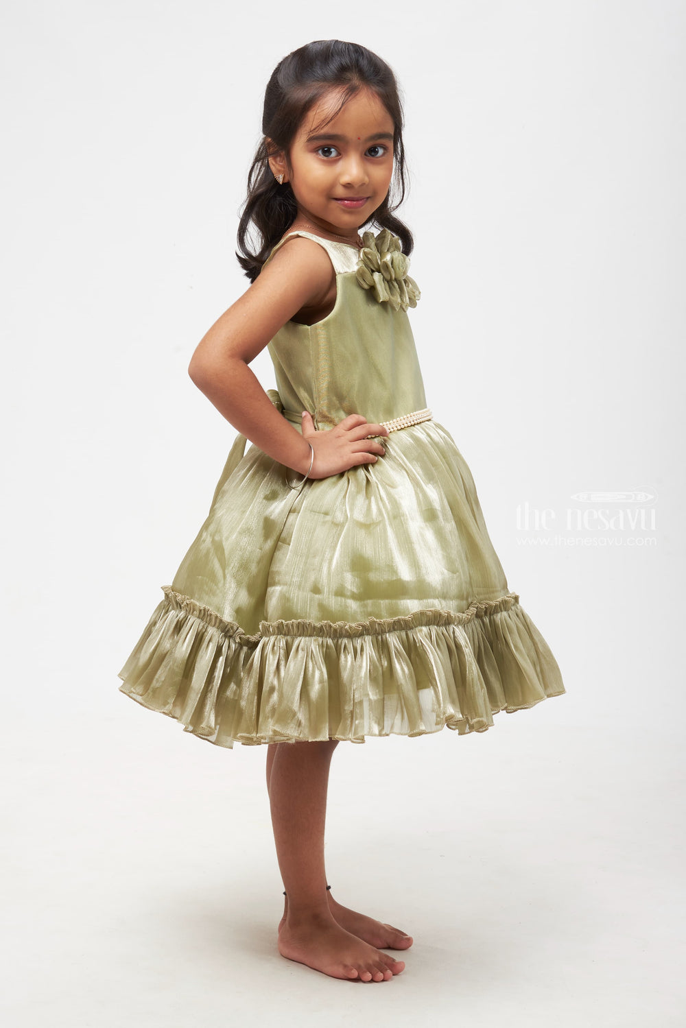 The Nesavu Girls Fancy Party Frock Graceful Olive Green Dress with Floral Embellishment for Girls Nesavu Green Dress with Floral Accent & Tiered Skirt - Elegant Wear for Young Girls | Girls Party wear Frock for Girls | The Nesavu