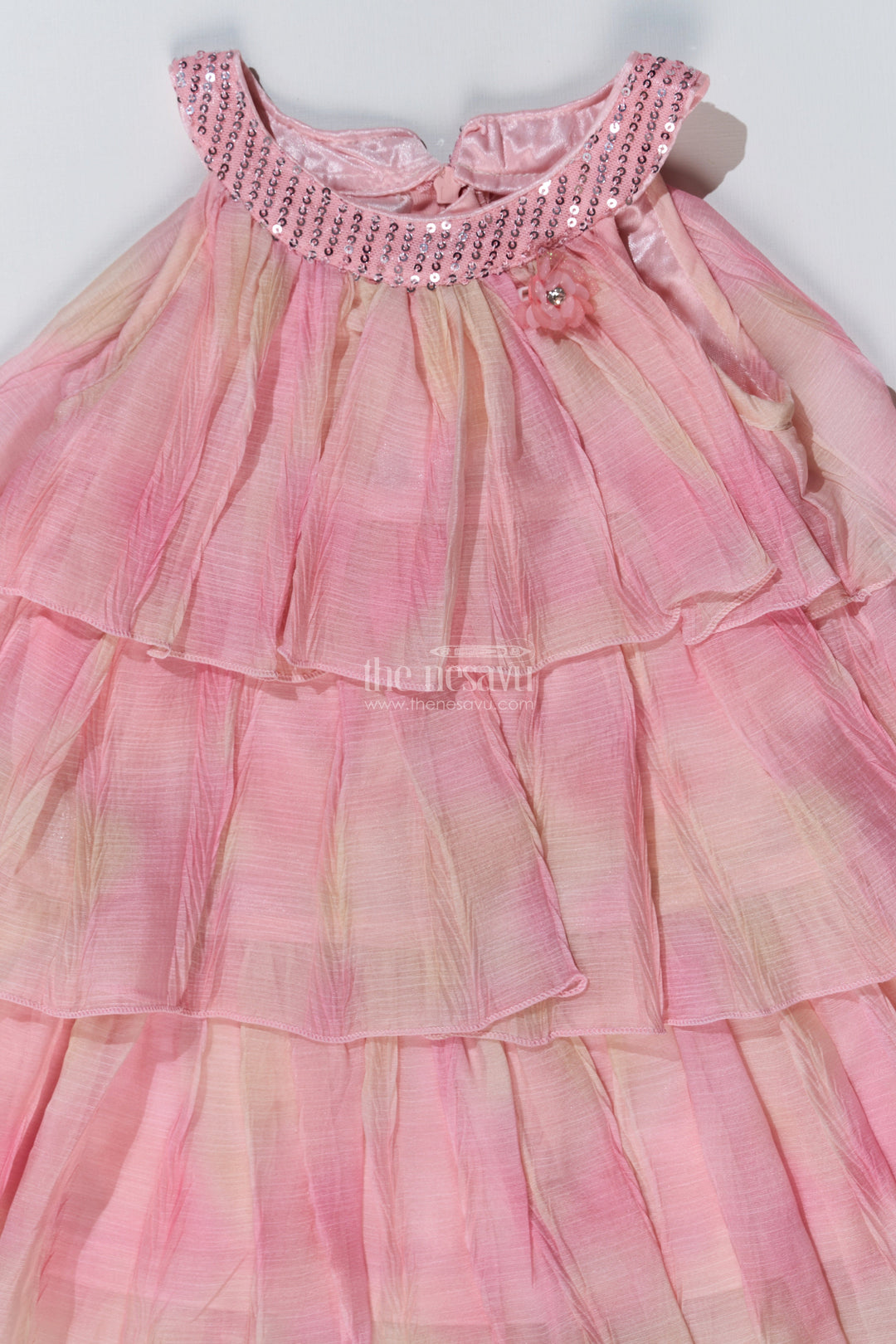 The Nesavu Girls Fancy Frock Graceful Pink Long Frock for Girls with Ruffled Layers and Sequin Embellishments Nesavu Nesavu Graceful Pink Long Frock Girls Ruffled Layers Sequin Embellishments