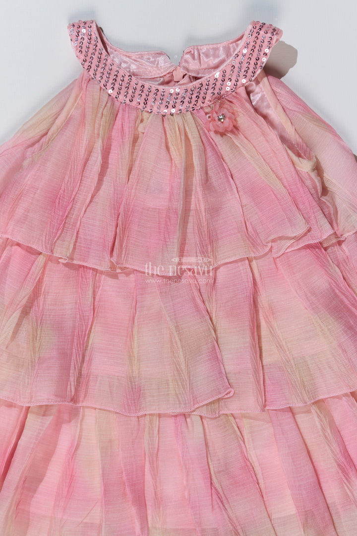 The Nesavu Girls Fancy Frock Graceful Pink Long Frock for Girls with Ruffled Layers and Sequin Embellishments Nesavu Nesavu Graceful Pink Long Frock Girls Ruffled Layers Sequin Embellishments