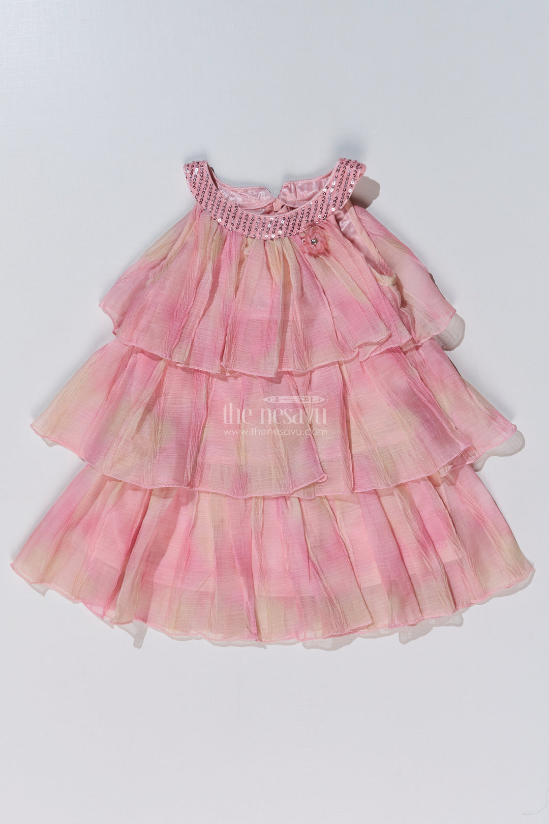 The Nesavu Girls Fancy Frock Graceful Pink Long Frock for Girls with Ruffled Layers and Sequin Embellishments Nesavu Nesavu Graceful Pink Long Frock Girls Ruffled Layers Sequin Embellishments