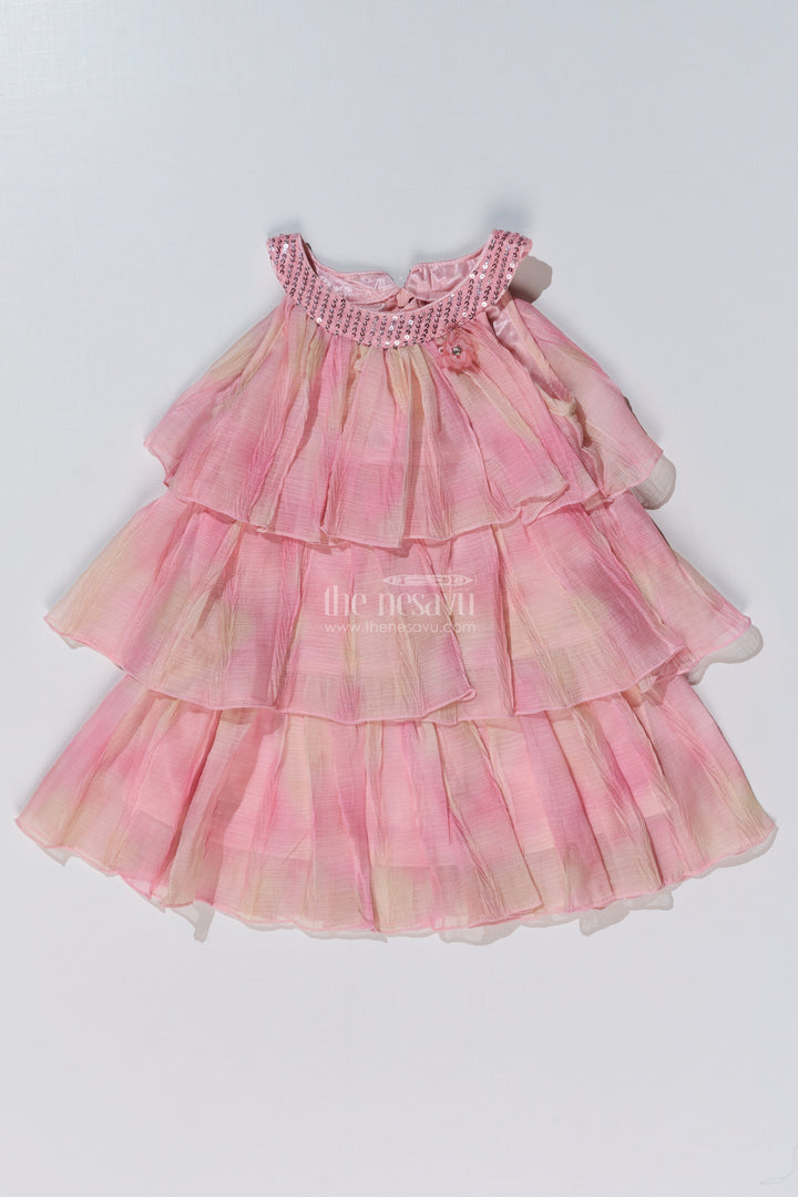 The Nesavu Girls Fancy Frock Graceful Pink Long Frock for Girls with Ruffled Layers and Sequin Embellishments Nesavu Nesavu Graceful Pink Long Frock Girls Ruffled Layers Sequin Embellishments
