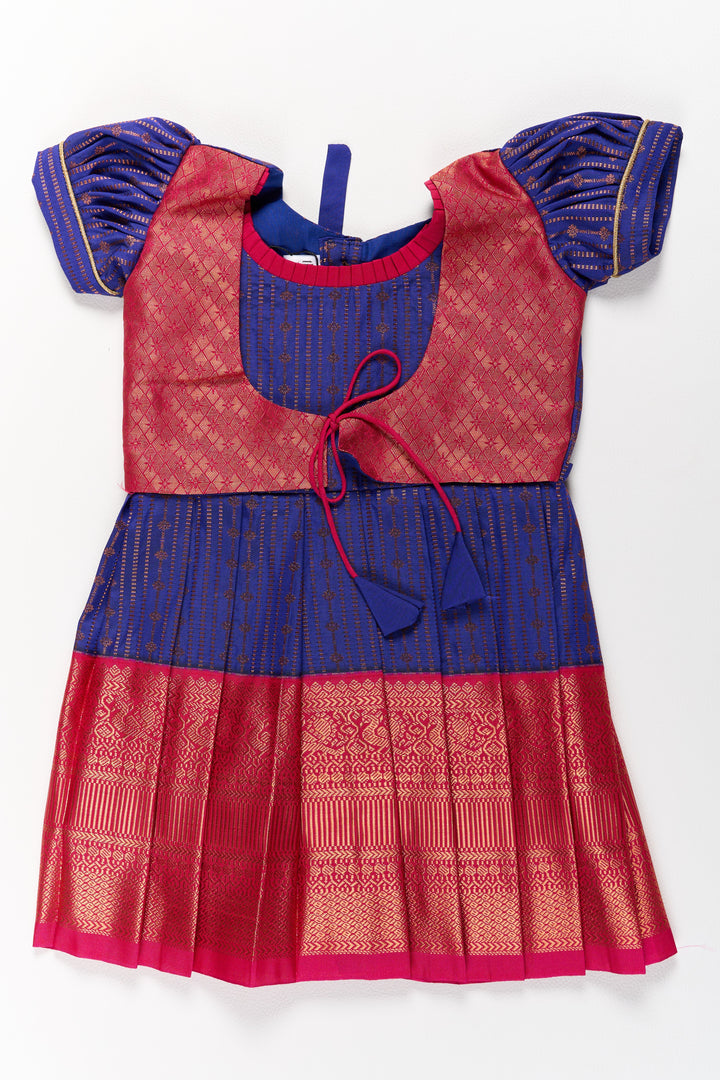 The Nesavu Silk Frock Graceful Purple and Pink Pattu Saree Frock for Girls with Zari Borders and Tie-Up Back Nesavu 16 (1Y) / Purple / Style 1 SF822CA-16 Nesavu Graceful Purple Pink Pattu Saree Frock Girls Zari Borders Tie-Up Back