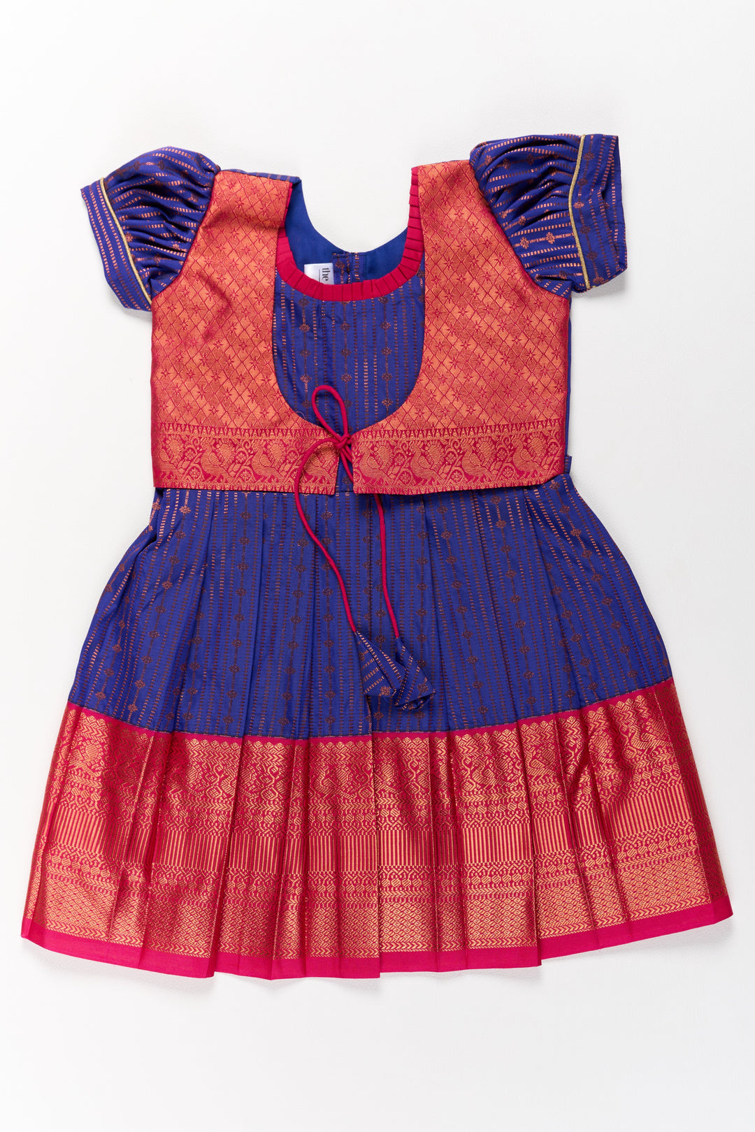 The Nesavu Silk Frock Graceful Purple and Pink Pattu Saree Frock for Girls with Zari Borders and Tie-Up Back Nesavu 20 (3Y) / Purple / Style 2 SF822CB-20 Nesavu Graceful Purple Pink Pattu Saree Frock Girls Zari Borders Tie-Up Back