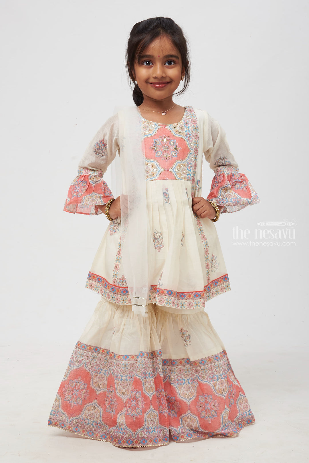 The Nesavu Girls Sharara / Plazo Set Graceful Tile-Inspired Ensemble for Kids: White and Pink Floral Printed Stylish Kurti with Sharara Pant Set Nesavu 22 (4Y) / Pink / Chanderi GPS216B-22 Kids Graceful Tile-Inspired Ensemble | Off-White with Coral and Muted Blue Details | Elegant Festive Wear