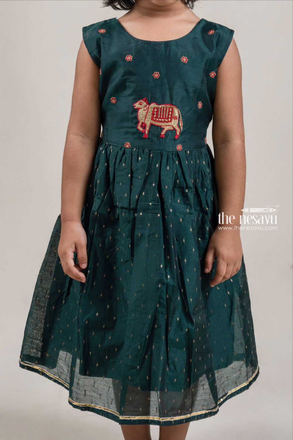 The Nesavu Girls Fancy Frock Gracefull Dark Green Girls Casual Cotton Frock With Cow Embroiderd Design Nesavu Animal Embroidered Design | Cotton Frock Design | The Nesavu