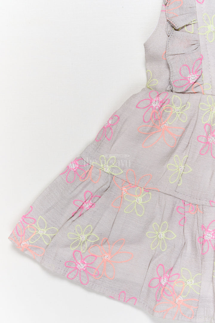 The Nesavu Baby Cotton Frocks Gray Cotton Frock with Multicolor Floral Thread Embroidery for Baby Girls Nesavu Nesavu gray cotton frock with floral thread embroidery for baby girls