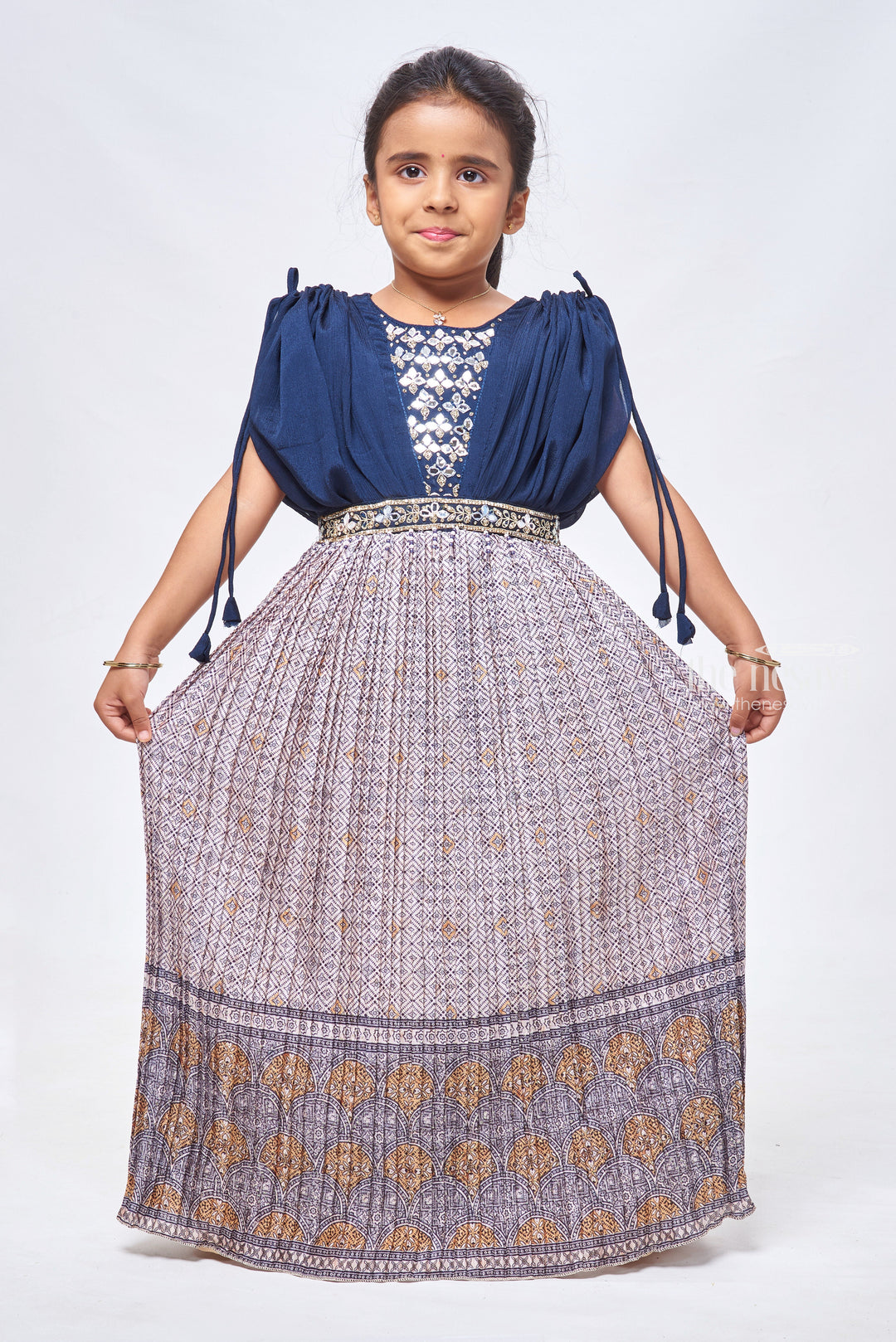 The Nesavu Girls Party Gown Gray Sequin & Stone Splendor: Pleated Gowns in Geometric Patterns for the Young Girls Nesavu 20 (3Y) / Gray / Chinnon GA143A-20 Anarkali Designer Suits Online Shopping | Baby Anarkali Dress | the Nesavu