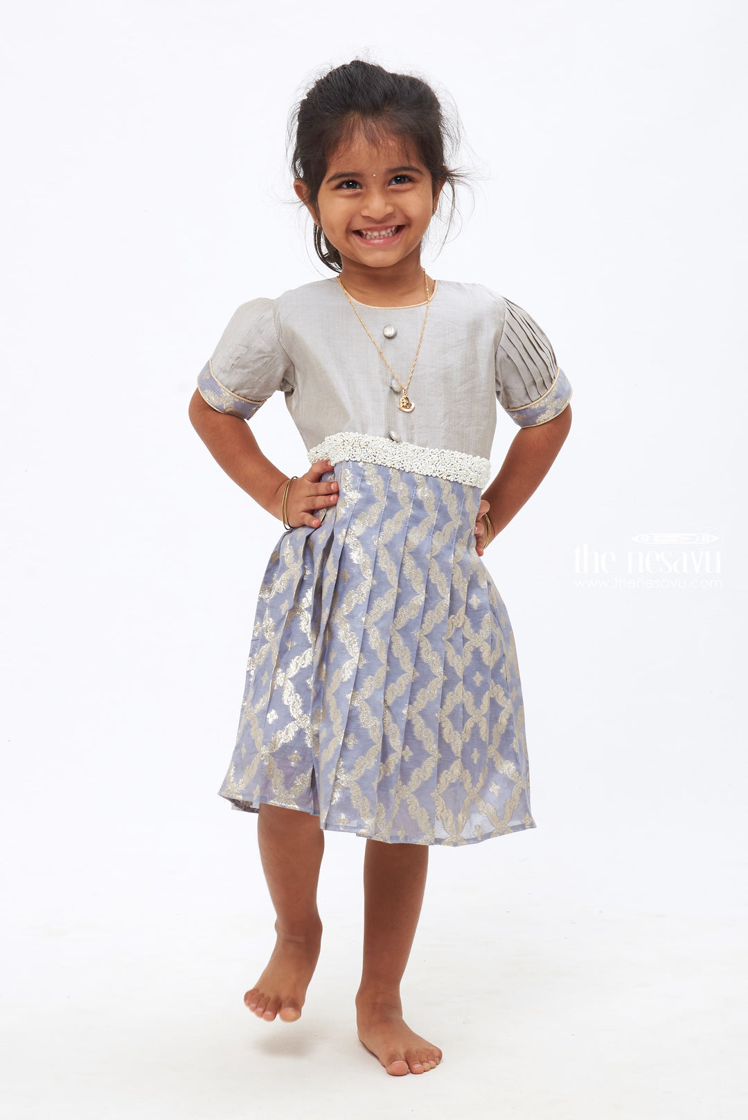 The Nesavu Silk Frock Gray Wave Pattern with Stone & Beads Embellished Silk Frock - Traditional Sophistication Collection Nesavu 16 (1Y) / Gray / Chanderi SF717A-16 Pure Silk Gown for Kids' Celebrations | Rich Silk Festive Dress | The Nesavu
