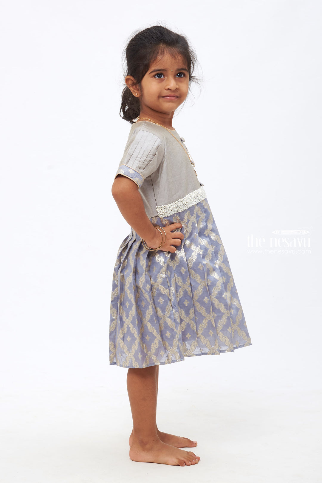 The Nesavu Silk Frock Gray Wave Pattern with Stone & Beads Embellished Silk Frock - Traditional Sophistication Collection Nesavu Pure Silk Gown for Kids' Celebrations | Rich Silk Festive Dress | The Nesavu