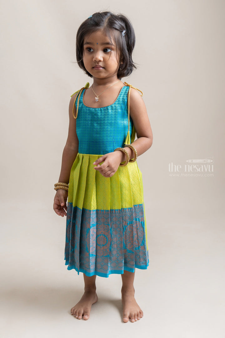 The Nesavu Tie-up Frock Green And Blue Ethnic Tie-up Silk Frocks With Long Zari Border For Girls Nesavu 16 (1Y) / Green T270A Latest Tie-Up Dresses For Girls | Kids Festive Collection| The Nesavu