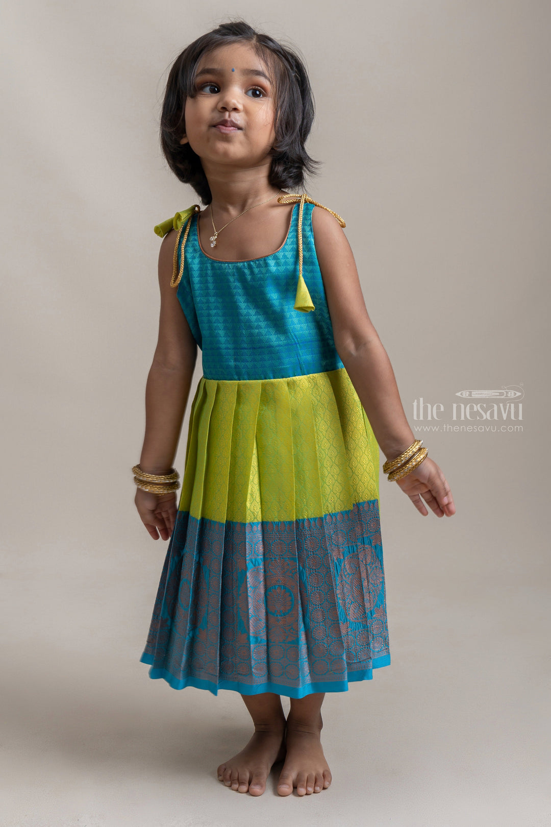 The Nesavu Tie-up Frock Green And Blue Ethnic Tie-up Silk Frocks With Long Zari Border For Girls Nesavu Latest Tie-Up Dresses For Girls | Kids Festive Collection| The Nesavu