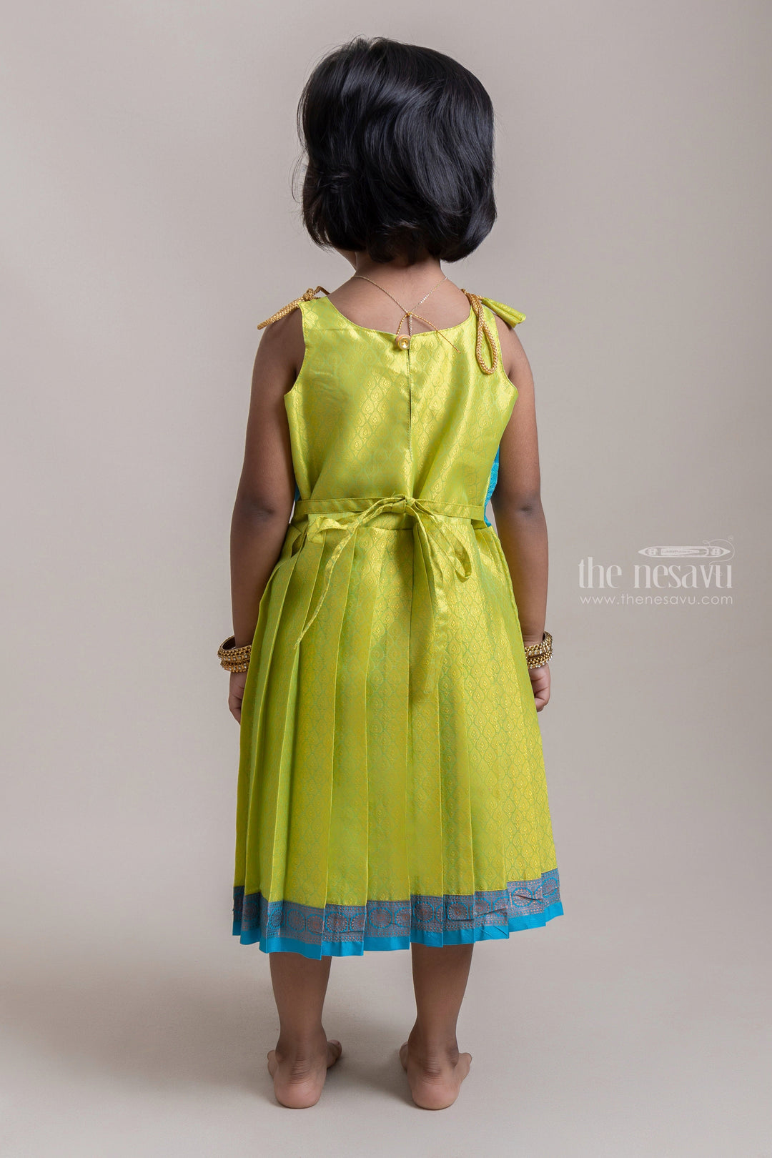 The Nesavu Tie-up Frock Green And Blue Ethnic Tie-up Silk Frocks With Long Zari Border For Girls Nesavu Latest Tie-Up Dresses For Girls | Kids Festive Collection| The Nesavu