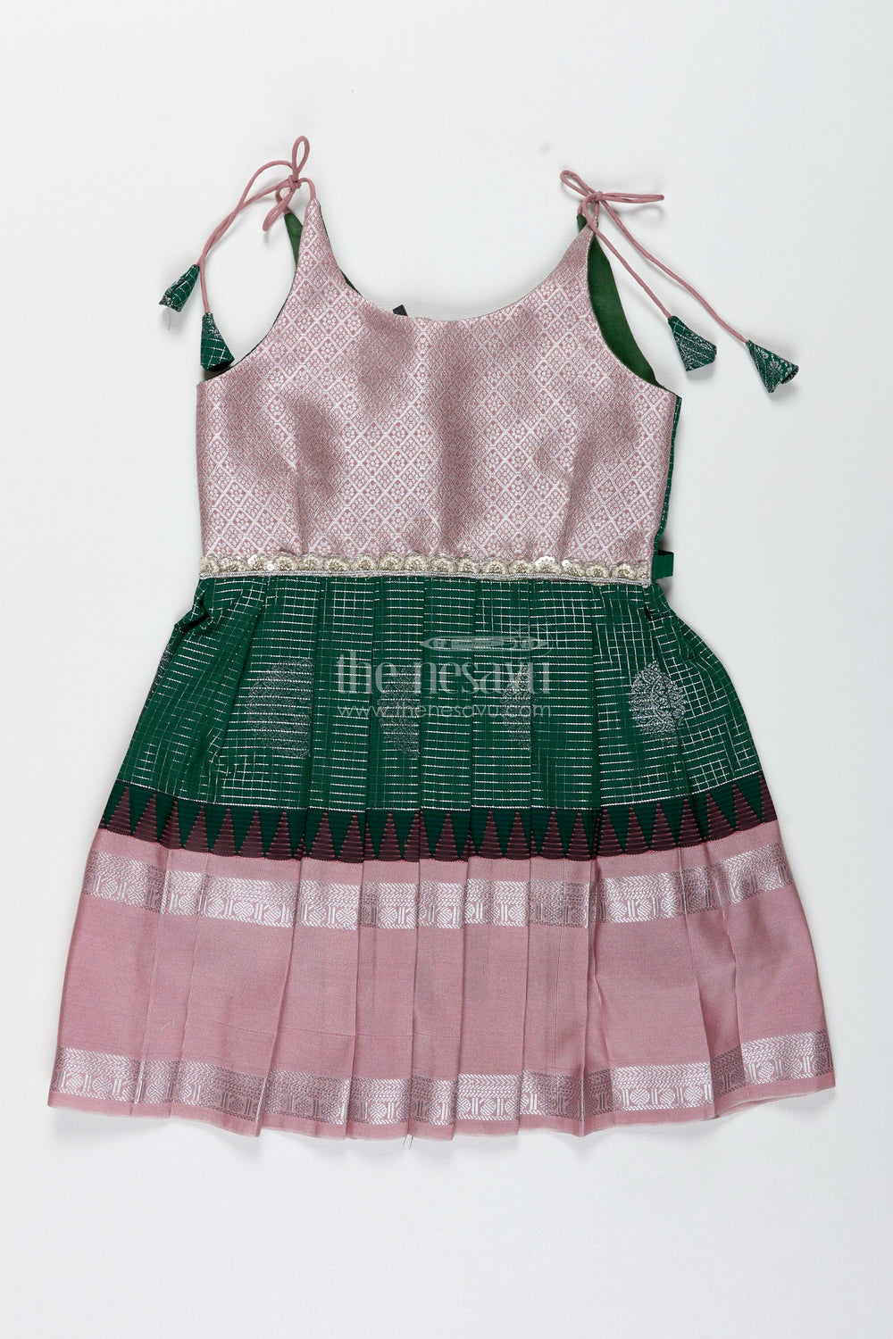 The Nesavu Tie-up Frock Green and Blush Pink Semi Silk Frock for Baby Girls Traditional Festive Outfit Nesavu 14 (6M) / Green / Style 1 SF998CA-14 Nesavu Baby Girl Festive Frock In Green And Blush Pink Semi Silk Dress With Temple Borders