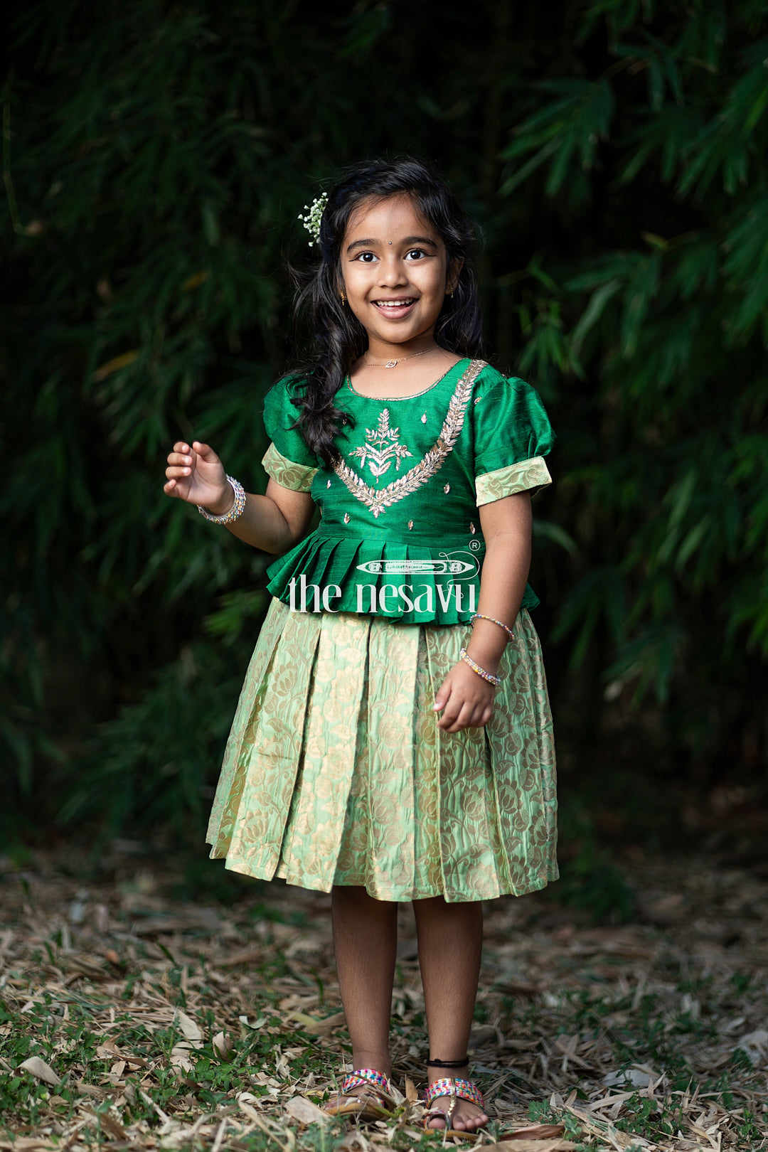 The Nesavu Silk Party Frock Green and Gold Banarasi Semi-Silk Dress for Girlsperfect for Onam and Navratri Nesavu Green and Gold Banarasi Semi-Silk Dress for Girls - Onam and Navratri | The Nesavu