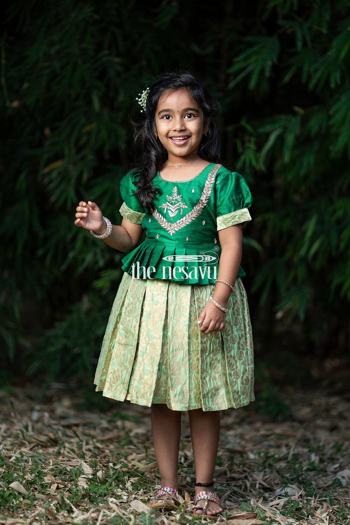 The Nesavu Silk Party Frock Green and Gold Banarasi Semi-Silk Dress for Girlsperfect for Onam and Navratri Nesavu Green and Gold Banarasi Semi-Silk Dress for Girls - Onam and Navratri | The Nesavu