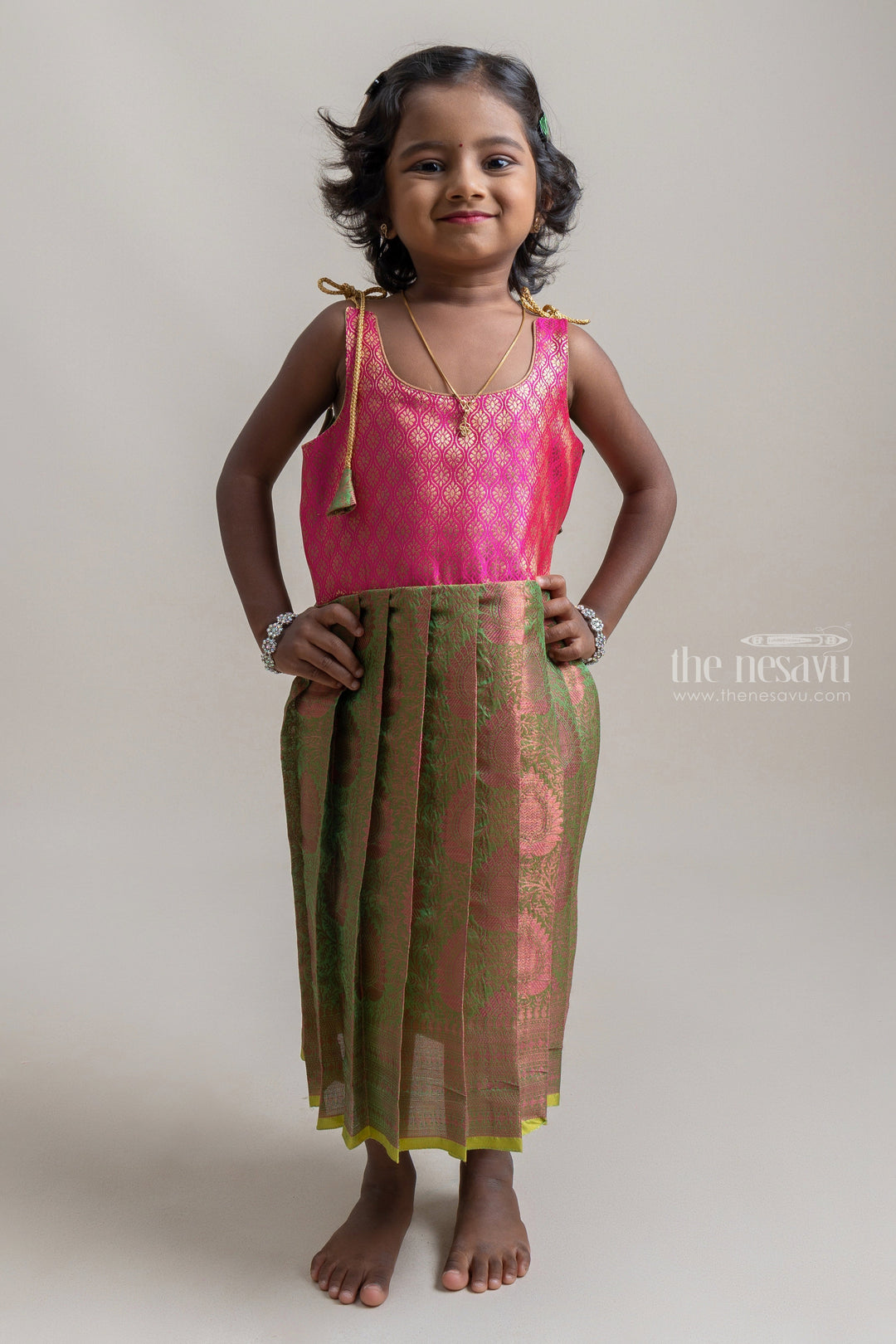 The Nesavu Tie-up Frock Green And Pink Brocade Design Tie-up Gowns For Little Girls Nesavu 16 (1Y) / Pink T271A Banaras Brocade Pattu Saree Frocks| Cute Frocks| The Nesavu