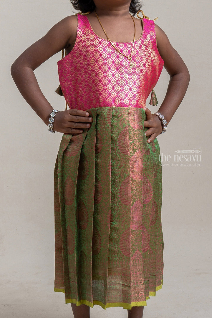 The Nesavu Tie-up Frock Green And Pink Brocade Design Tie-up Gowns For Little Girls Nesavu Banaras Brocade Pattu Saree Frocks| Cute Frocks| The Nesavu