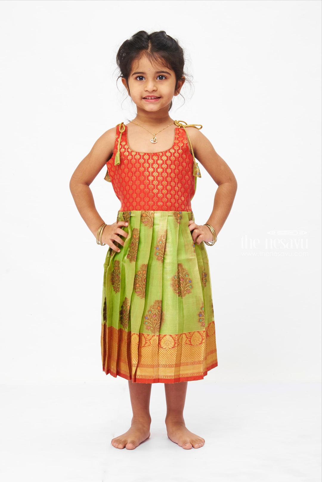 The Nesavu Tie-up Frock Green And Pink Brocade Printed Silk Tie-up Gowns For Little Girls Nesavu 16 (1Y) / Green T273B-16 Banarasi Brocade Pattu Saree Frocks| Party Frocks| The Nesavu